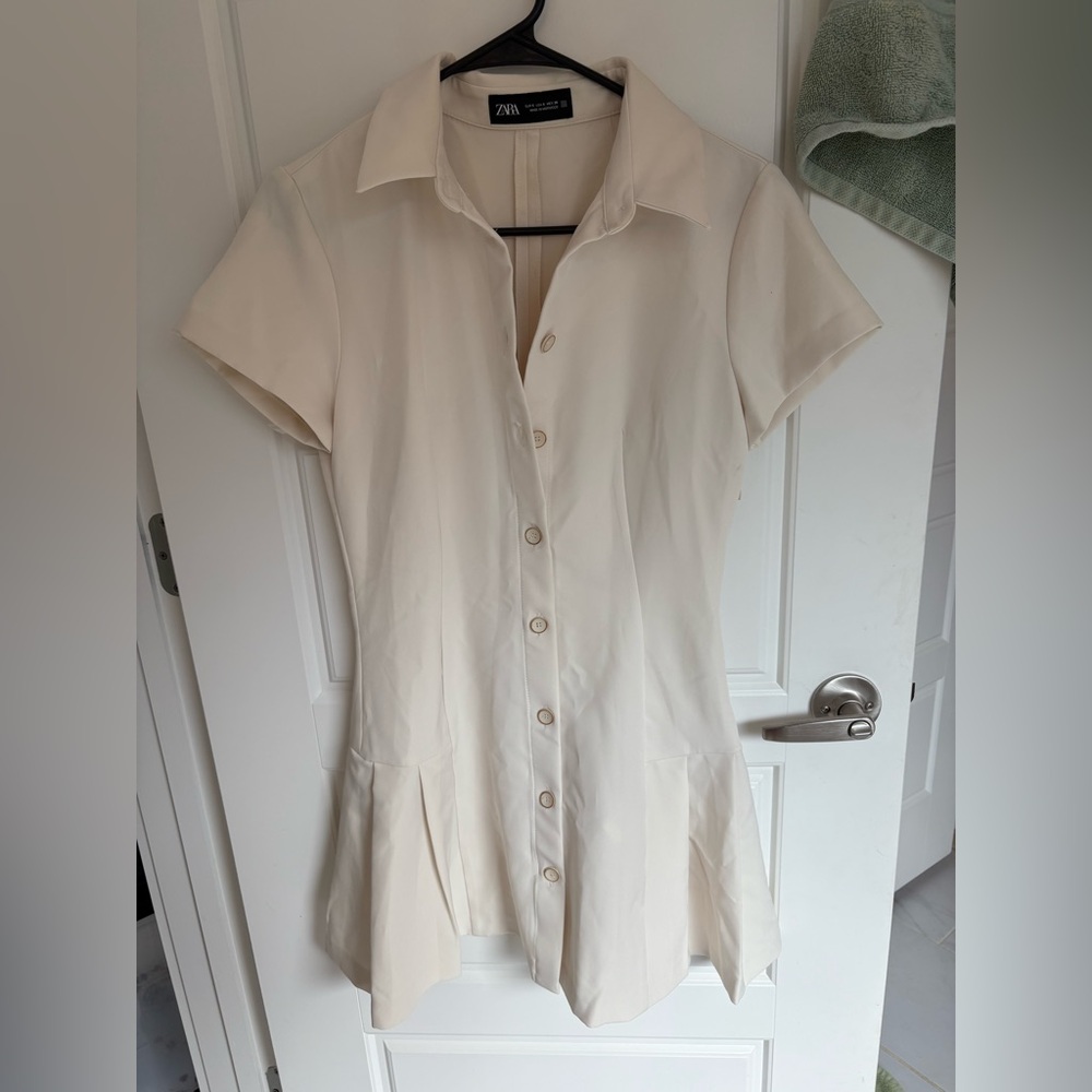 Zara Cream Notched Collar Button Down Dress